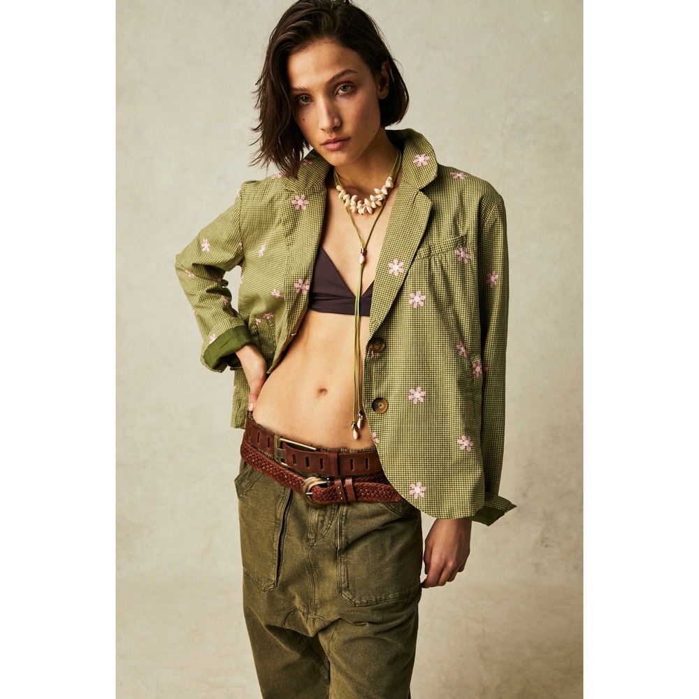 Free People We The Free Cali Printed Blazer Olive Green Gingham Pink Floral XS